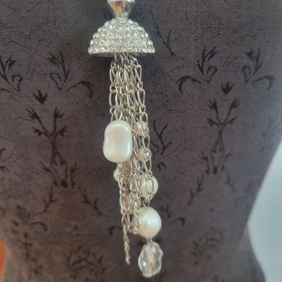 Long Silver & Faux Pearl Chain Necklace With Tassel & Rhinestone Accents - Picture 2 of 4